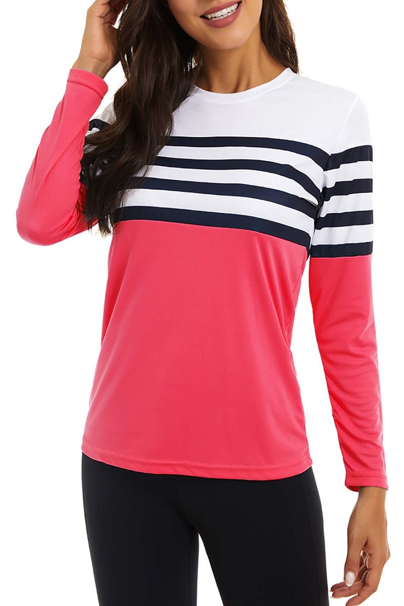 KINGFEN UPF 50 Long Sleeve Summer Workout Shirts for Women Rash Guard Dri Fit Sunscreen Fabric Crewneck Uv Protection Lightweight Hiking Tops Workout Shirt Women Rose Red X-Large - Image 2